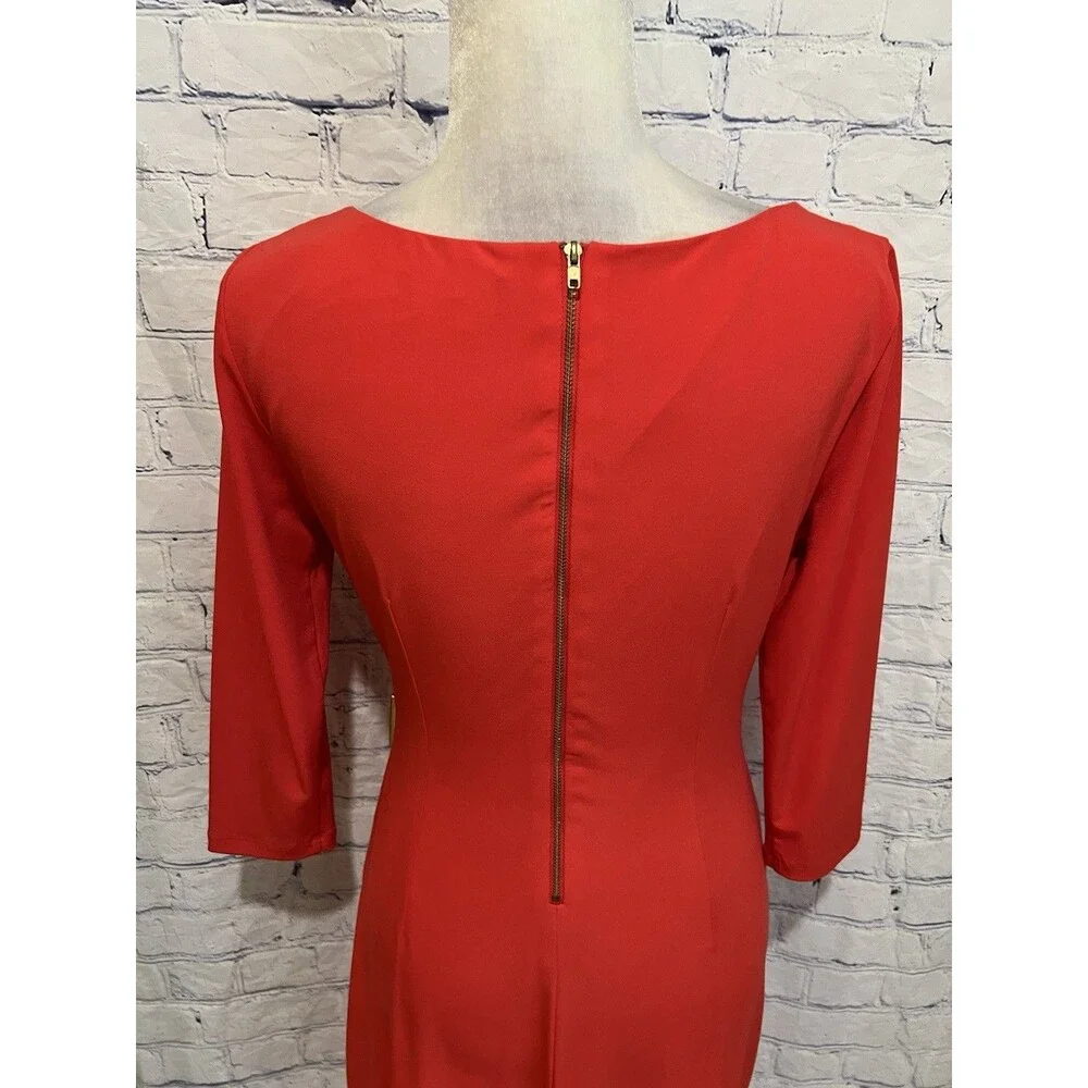 Tahari ASL Levine Orange 3/4 Sleeve Ruched Side Buckle Dress Career Office 6 - Picture 5 of 7